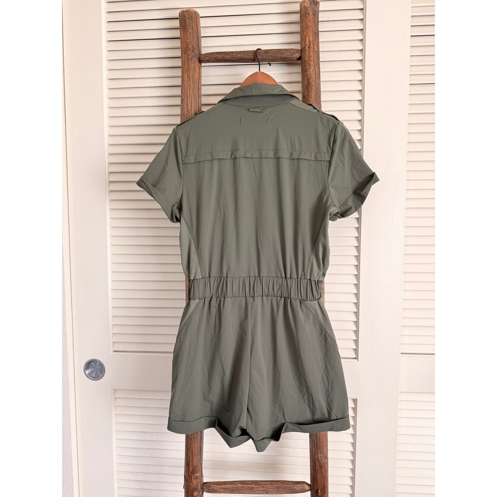 BLANC NOIR Olive Green Utility Romper Jumpsuit Shorts Zip Pockets Size S - Picture 2 of 5